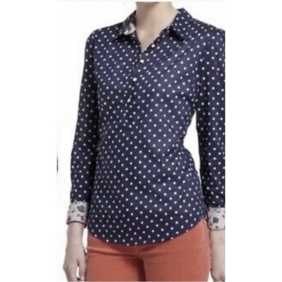 Birds of Paradis Trovata polka dot navy lace back shirt Medium lightweight work - Picture 3 of 11